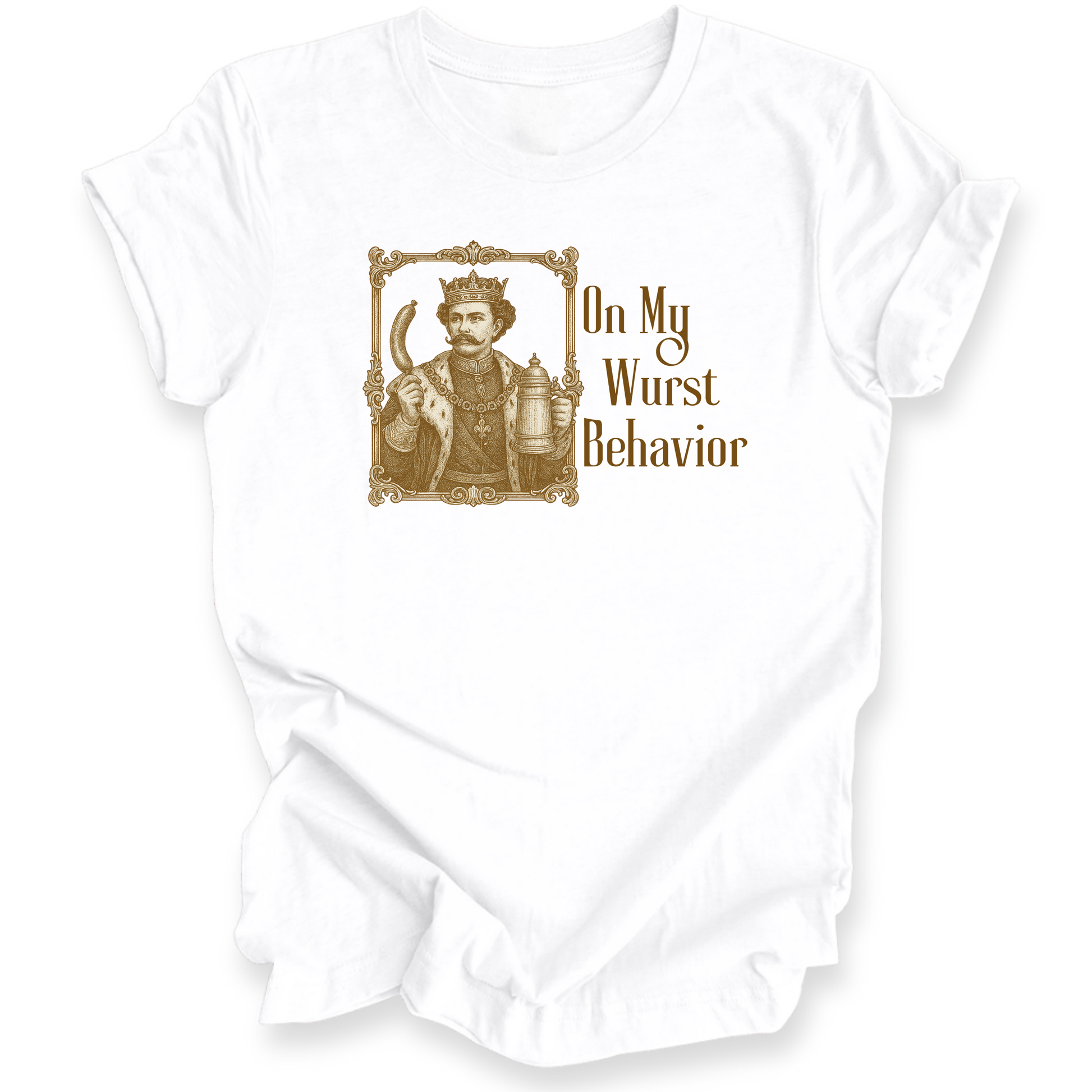 White t-shirt with a graphic design and text 'On My Wurst Behavior' on a white background