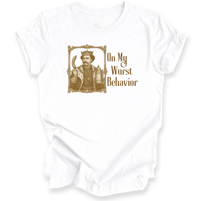 White t-shirt with a graphic design and text 'On My Wurst Behavior' on a white background