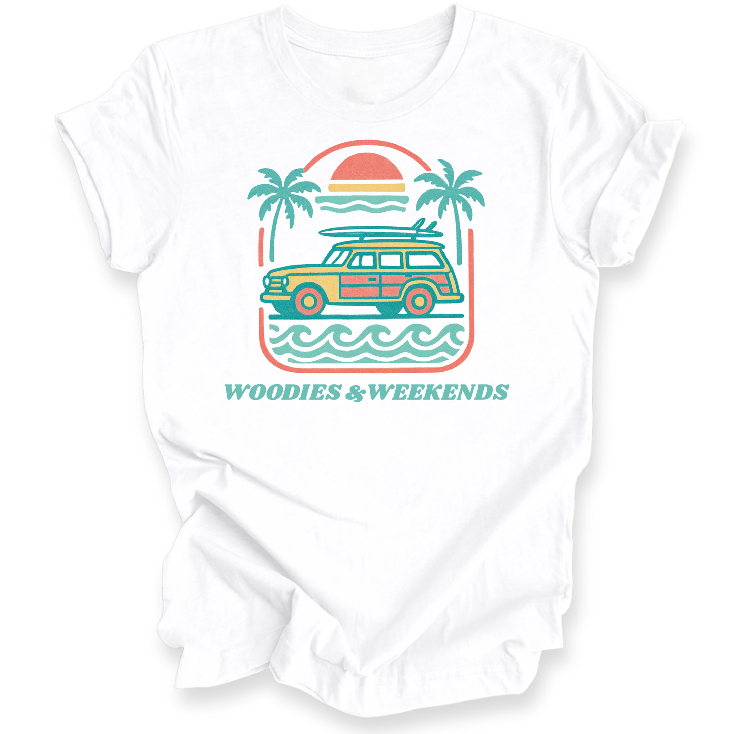 White T-shirt with a graphic of a vintage car, surfboard, and palm trees on a white background.