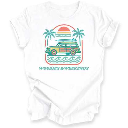 White T-shirt with a graphic of a vintage car, surfboard, and palm trees on a white background.