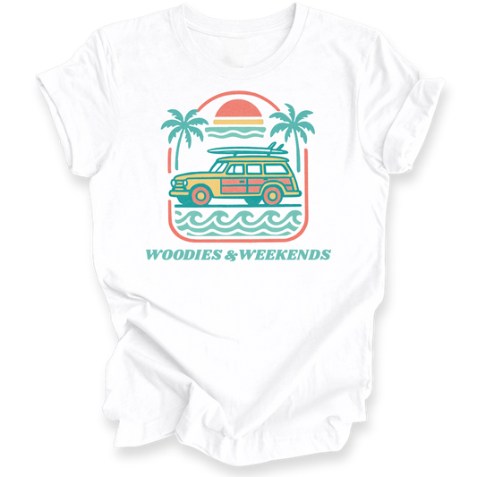 White T-shirt with a graphic of a vintage car, surfboard, and palm trees on a white background.