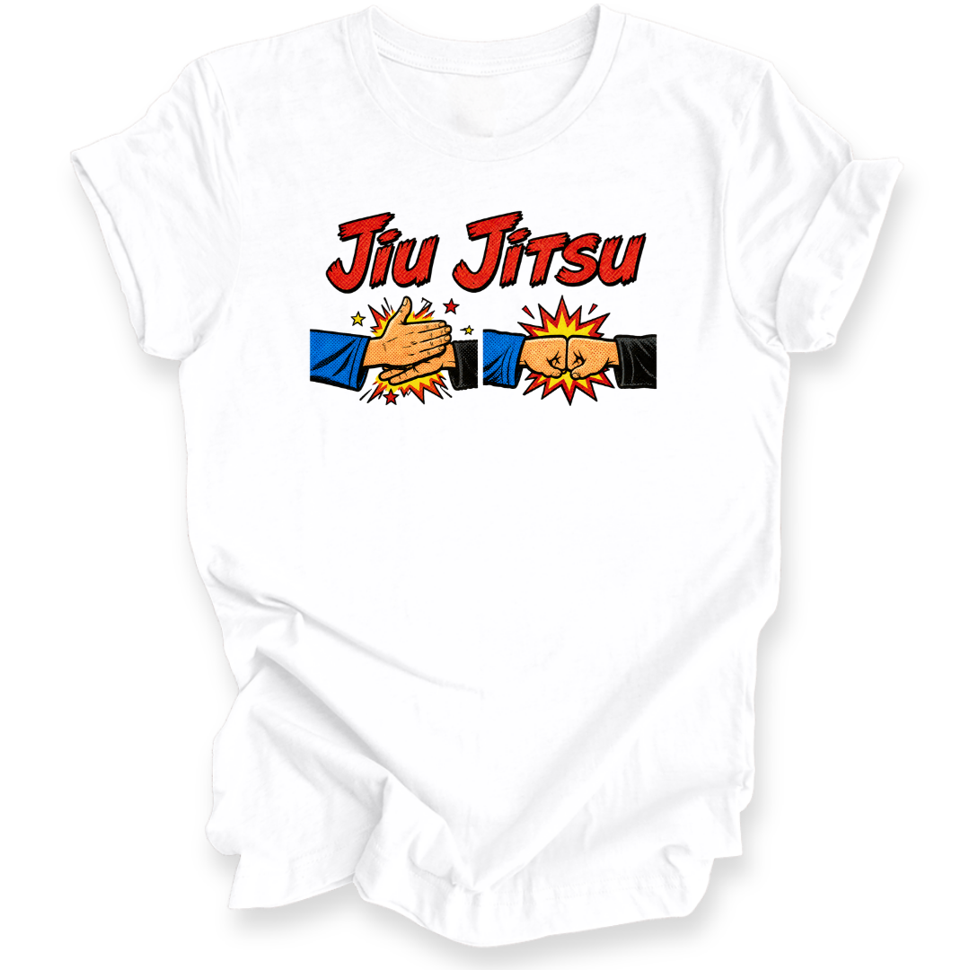 A white short-sleeve crewneck t-shirt featuring a 'Jiu Jitsu' graphic on the chest. The graphic displays the words 'Jiu Jitsu' in red with a black outline, above two cartoon hands clapping with blue and black sleeves and yellow/orange comic-style bursts.