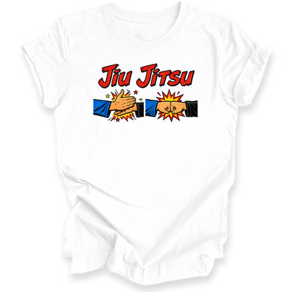 A white short-sleeve crewneck t-shirt featuring a 'Jiu Jitsu' graphic on the chest. The graphic displays the words 'Jiu Jitsu' in red with a black outline, above two cartoon hands clapping with blue and black sleeves and yellow/orange comic-style bursts.