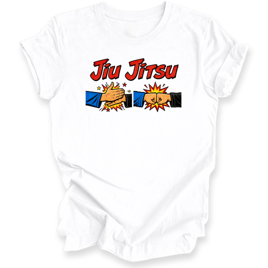 A white short-sleeve crewneck t-shirt featuring a 'Jiu Jitsu' graphic on the chest. The graphic displays the words 'Jiu Jitsu' in red with a black outline, above two cartoon hands clapping with blue and black sleeves and yellow/orange comic-style bursts.