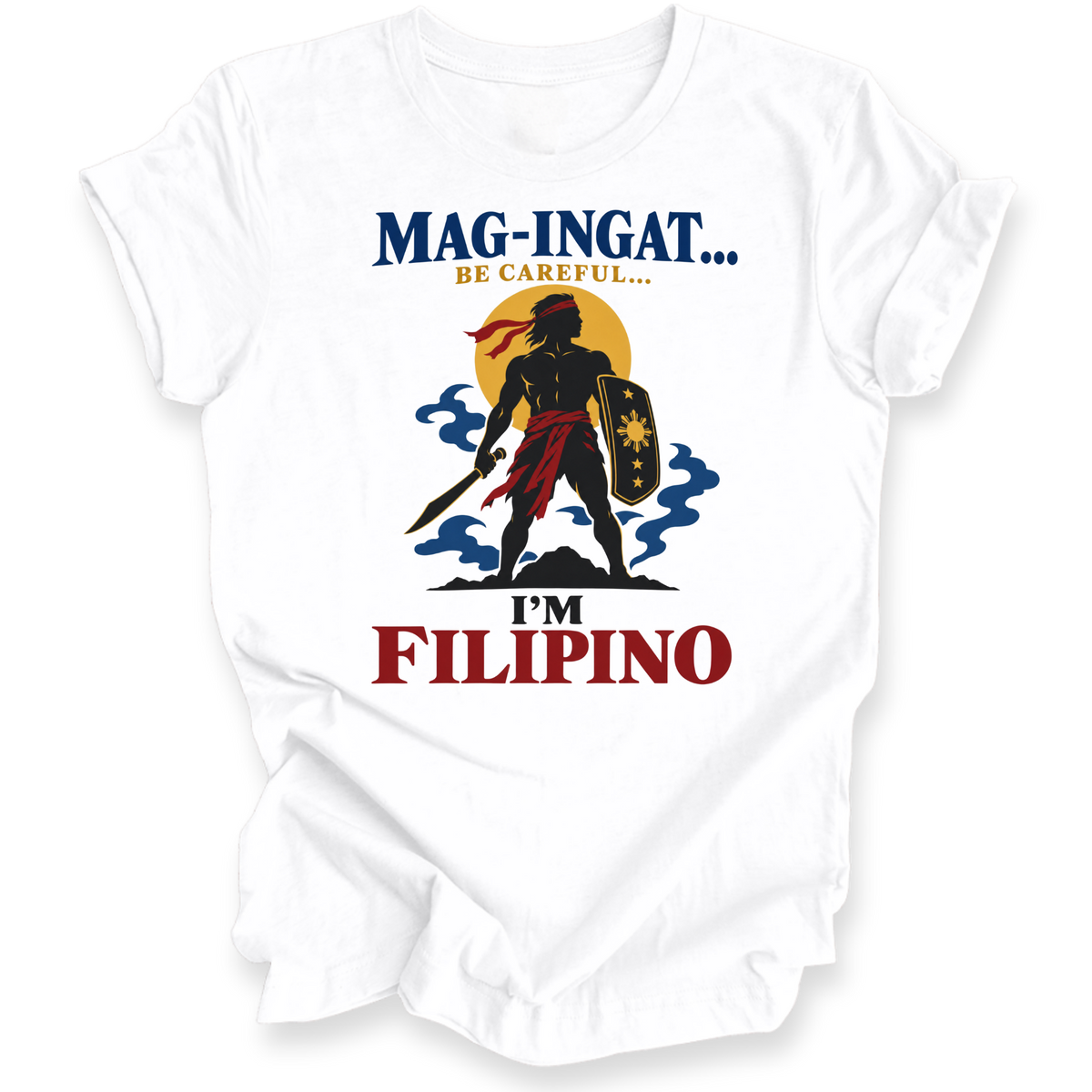 A white short-sleeve crewneck t-shirt with a graphic print on the front. The graphic features a silhouette of a Filipino warrior holding a sword and shield, with the text 'MAG-INGAT.