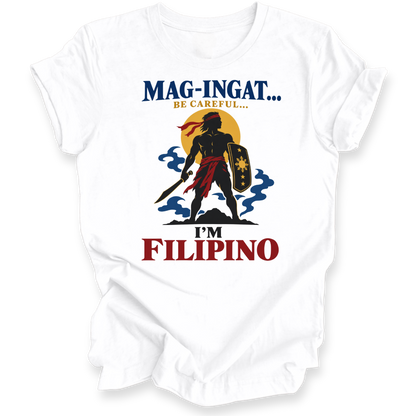 A white short-sleeve crewneck t-shirt with a graphic print on the front. The graphic features a silhouette of a Filipino warrior holding a sword and shield, with the text 'MAG-INGAT.