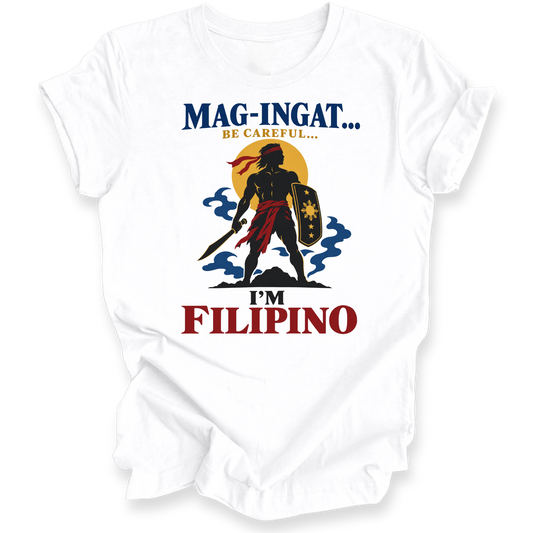 A white short-sleeve crewneck t-shirt with a graphic print on the front. The graphic features a silhouette of a Filipino warrior holding a sword and shield, with the text 'MAG-INGAT.