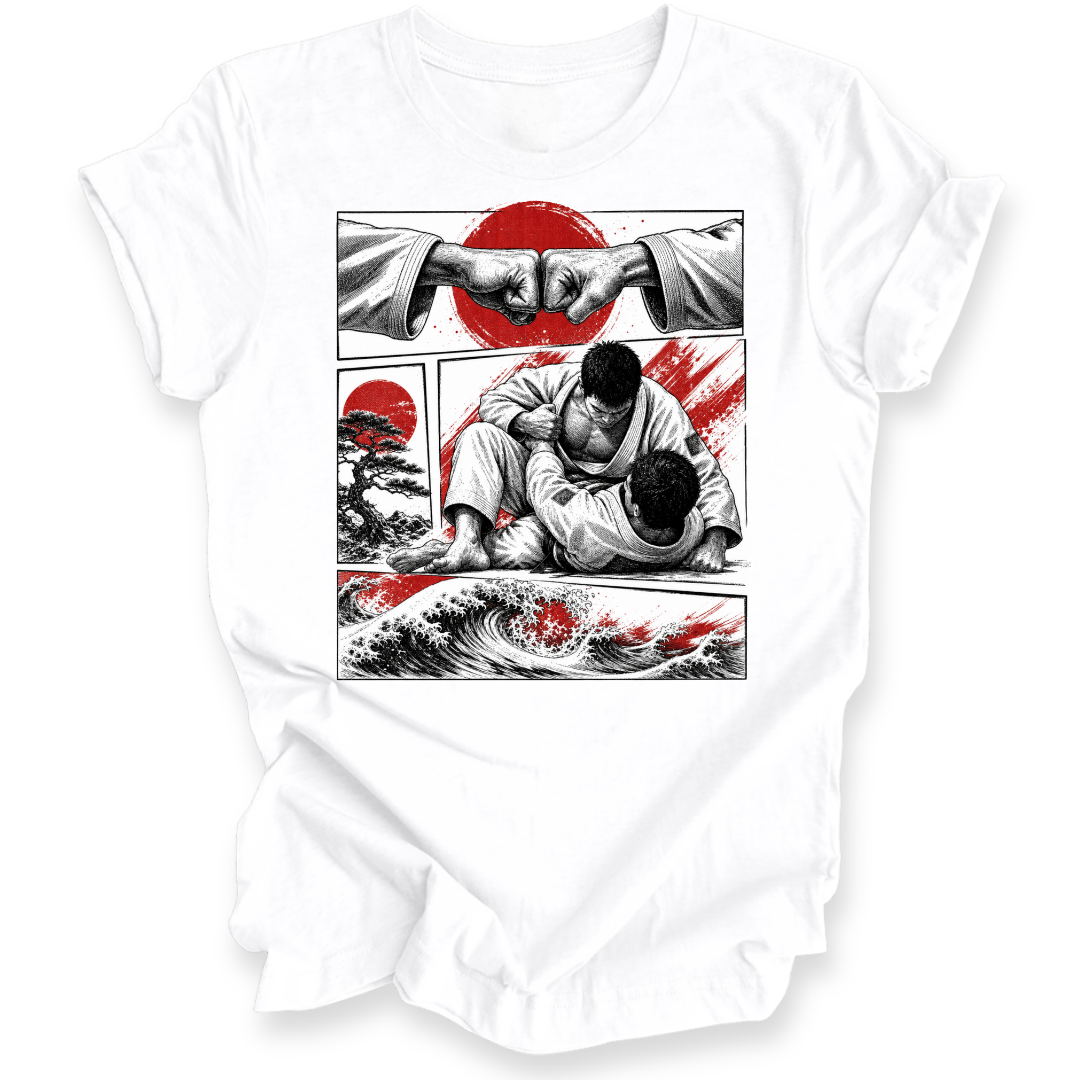 A white short-sleeve crewneck t-shirt featuring a large graphic print on the front. The graphic is a stylized comic-style illustration of two martial artists grappling, with red Japanese sun motifs, black ink sketches, and a wave design in the bottom panel.