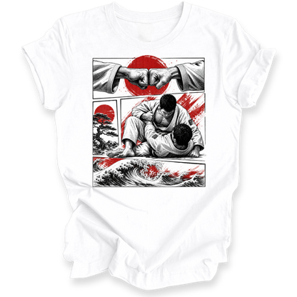 A white short-sleeve crewneck t-shirt featuring a large graphic print on the front. The graphic is a stylized comic-style illustration of two martial artists grappling, with red Japanese sun motifs, black ink sketches, and a wave design in the bottom panel.