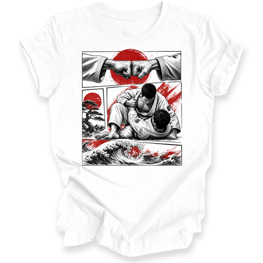 A white short-sleeve crewneck t-shirt featuring a large graphic print on the front. The graphic is a stylized comic-style illustration of two martial artists grappling, with red Japanese sun motifs, black ink sketches, and a wave design in the bottom panel.