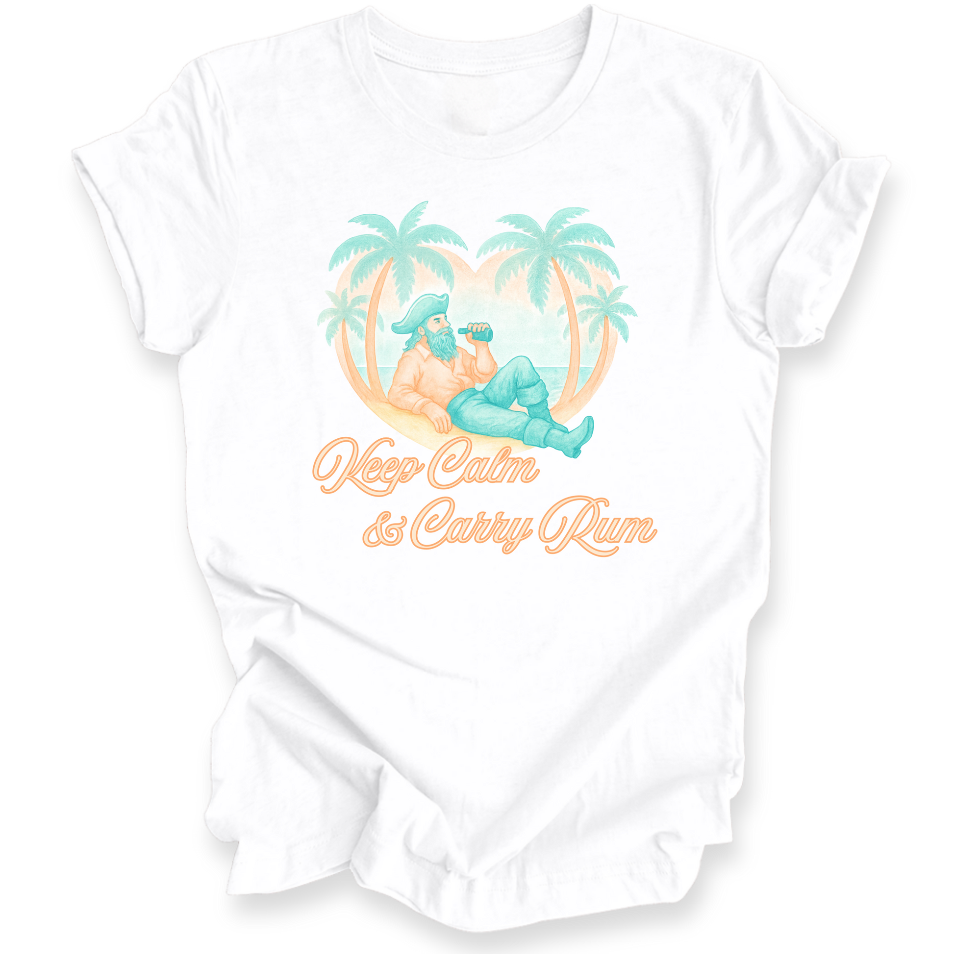 White shirt with a tropical design and text on a white background