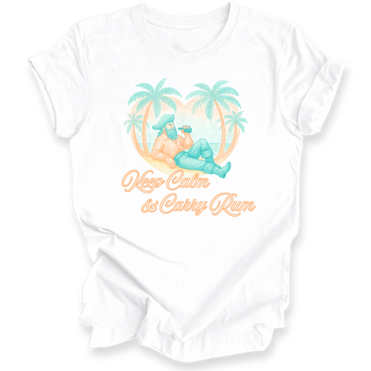 White shirt with a tropical design and text on a white background