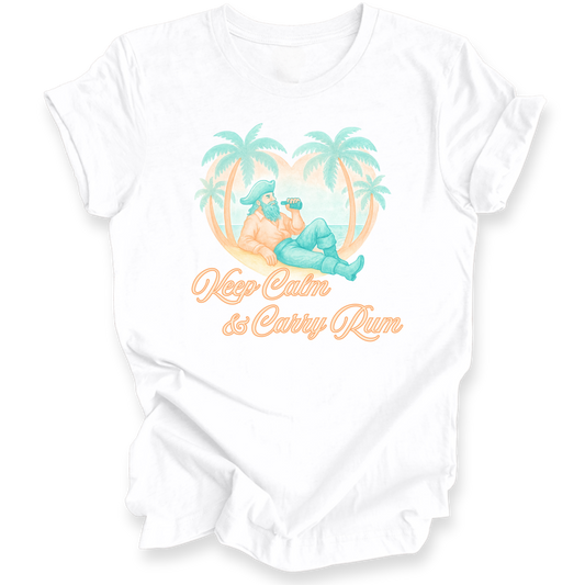 White shirt with a tropical design and text on a white background