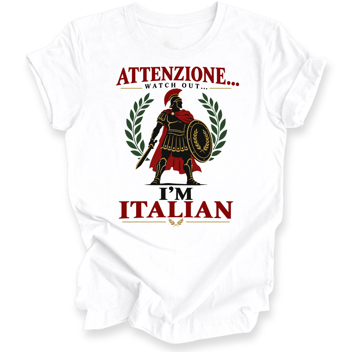A white short-sleeve crewneck t-shirt with a graphic print of a Roman soldier and the text 'ATTENZIONE.