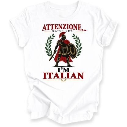 A white short-sleeve crewneck t-shirt with a graphic print of a Roman soldier and the text 'ATTENZIONE.