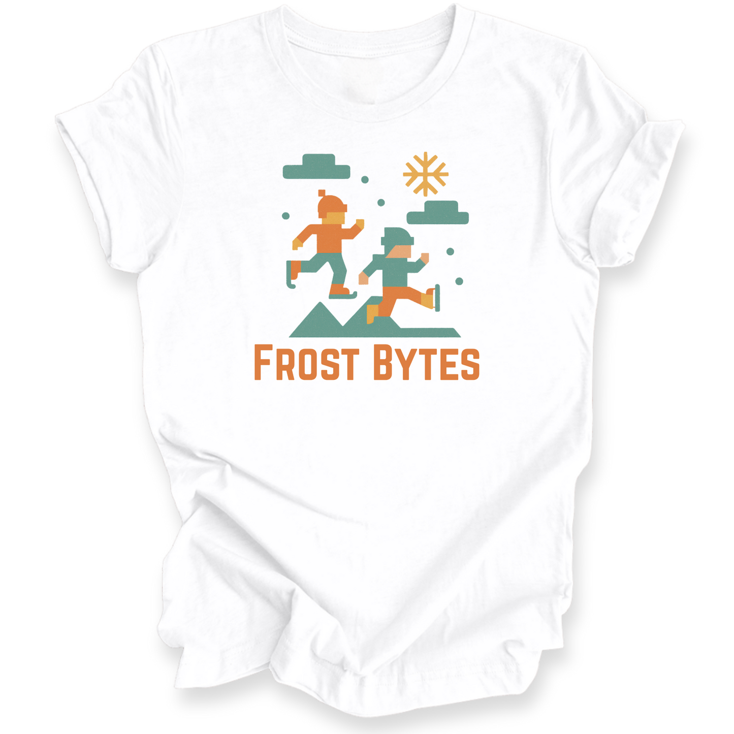 White baby romper with 'Frost Bytes' graphic design on a white background