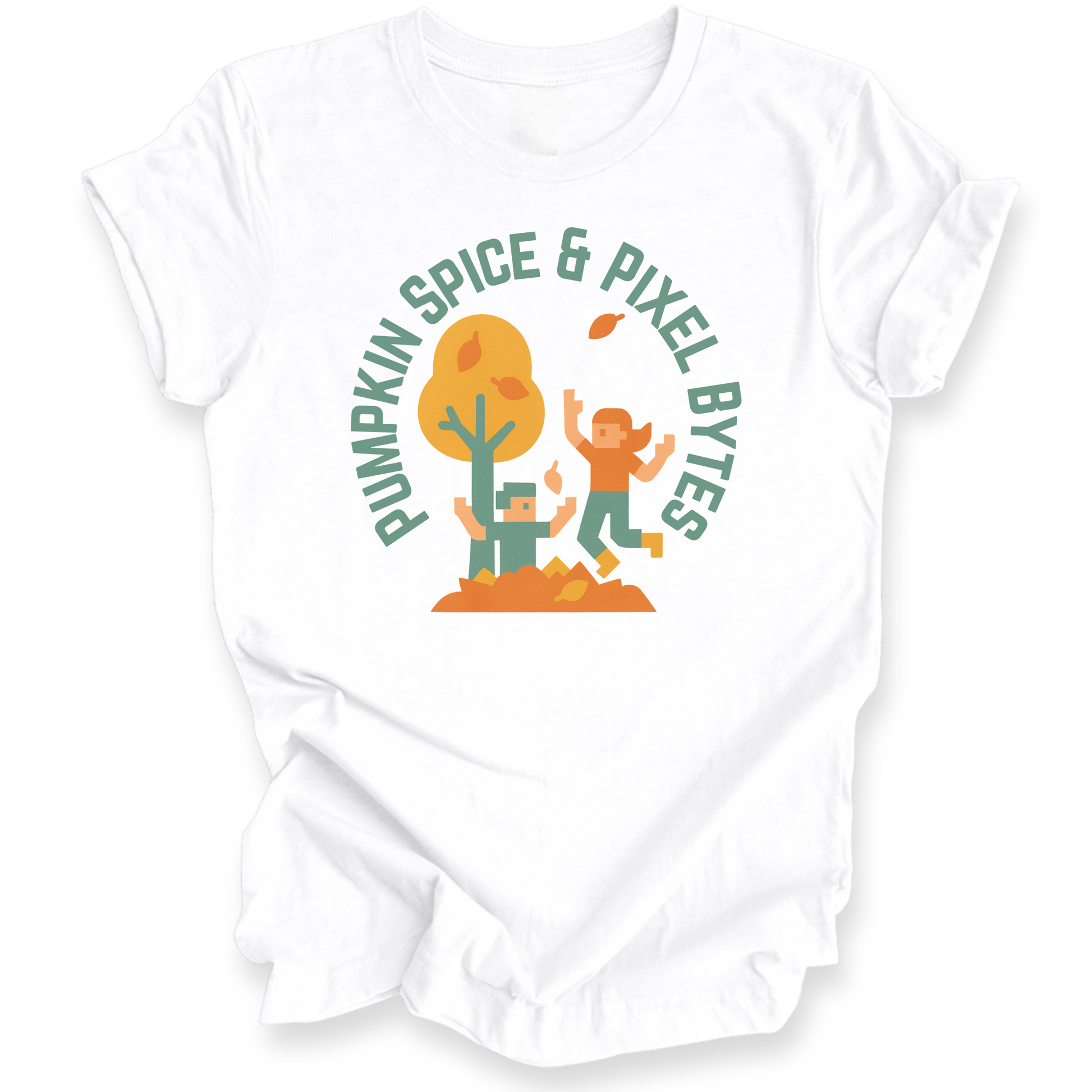 White shirt with 'Pumpkin Spice & Pixel Bytes' graphic design on a white background