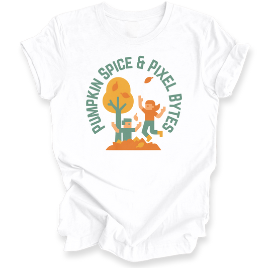 White shirt with 'Pumpkin Spice & Pixel Bytes' graphic design on a white background