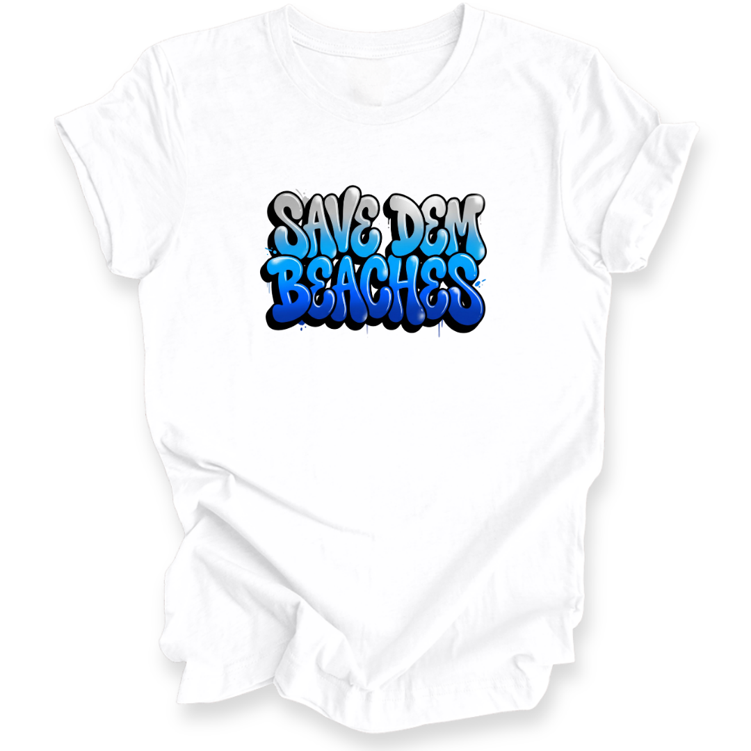 A white short-sleeve crewneck t-shirt featuring a colorful graffiti-style graphic on the chest that reads 'SAVE DEM BEACHES' in gray, light blue, and dark blue.