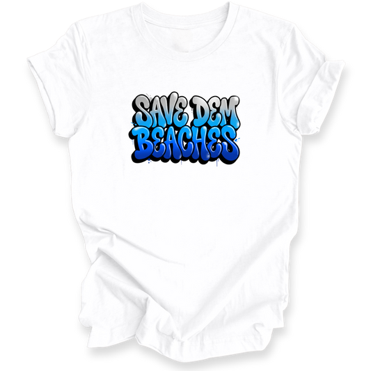 A white short-sleeve crewneck t-shirt featuring a colorful graffiti-style graphic on the chest that reads 'SAVE DEM BEACHES' in gray, light blue, and dark blue.