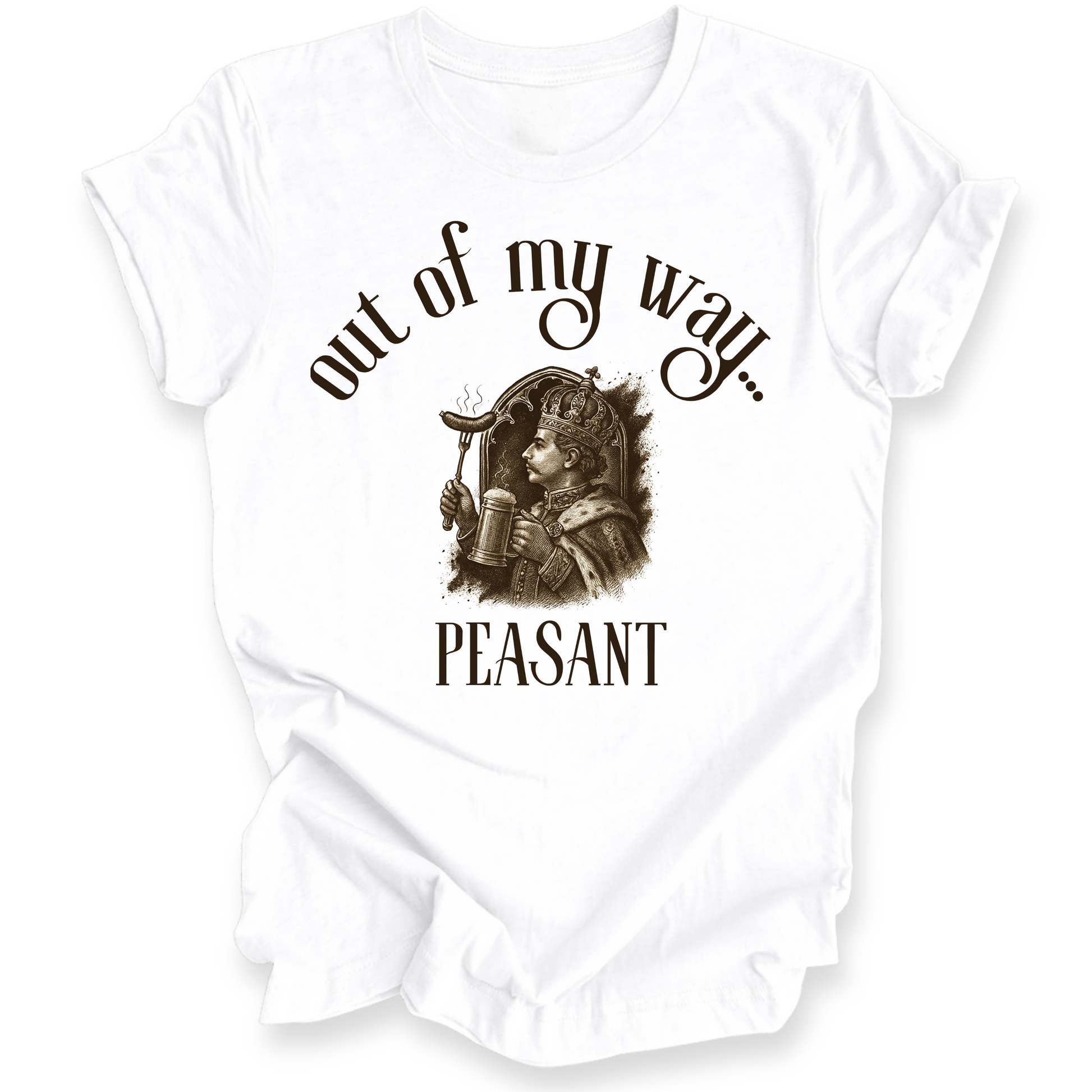 White shirt with printed design and text on a white background