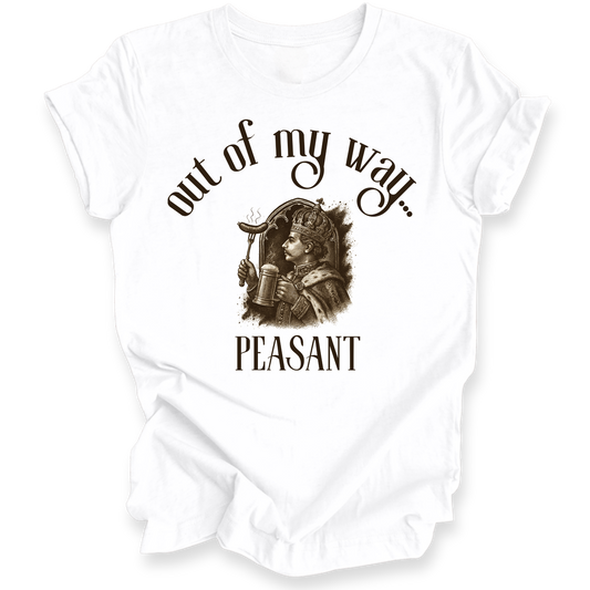 White shirt with printed design and text on a white background