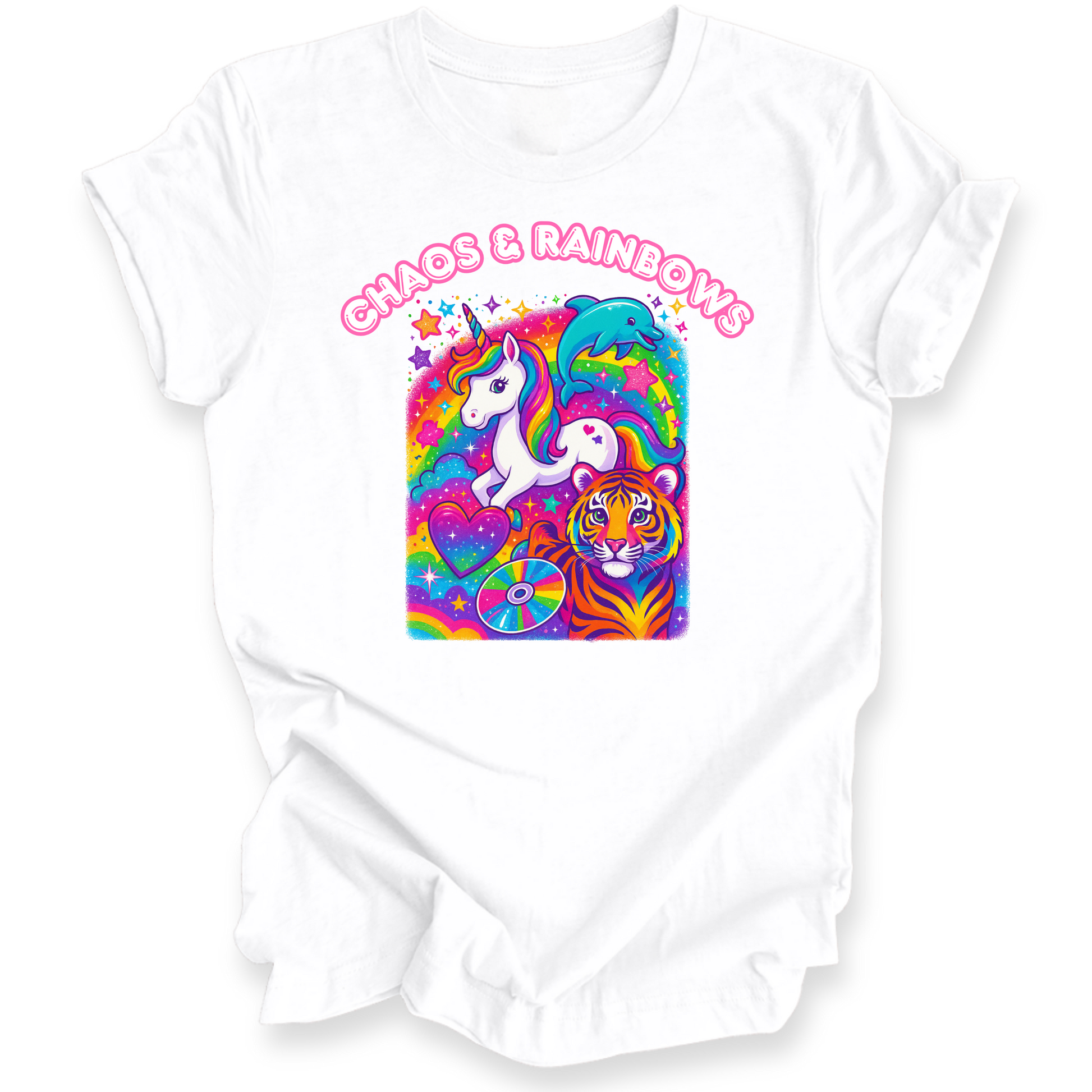 White shirt with a colorful graphic of a unicorn, tiger, and rainbow text on a white background