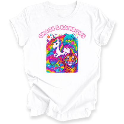 White shirt with a colorful graphic of a unicorn, tiger, and rainbow text on a white background
