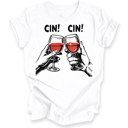 A white short-sleeve crewneck t-shirt featuring a graphic of two hands holding wine glasses with red wine, under the text 'CIN! CIN!' in black. The t-shirt is displayed flat against a clean white background.