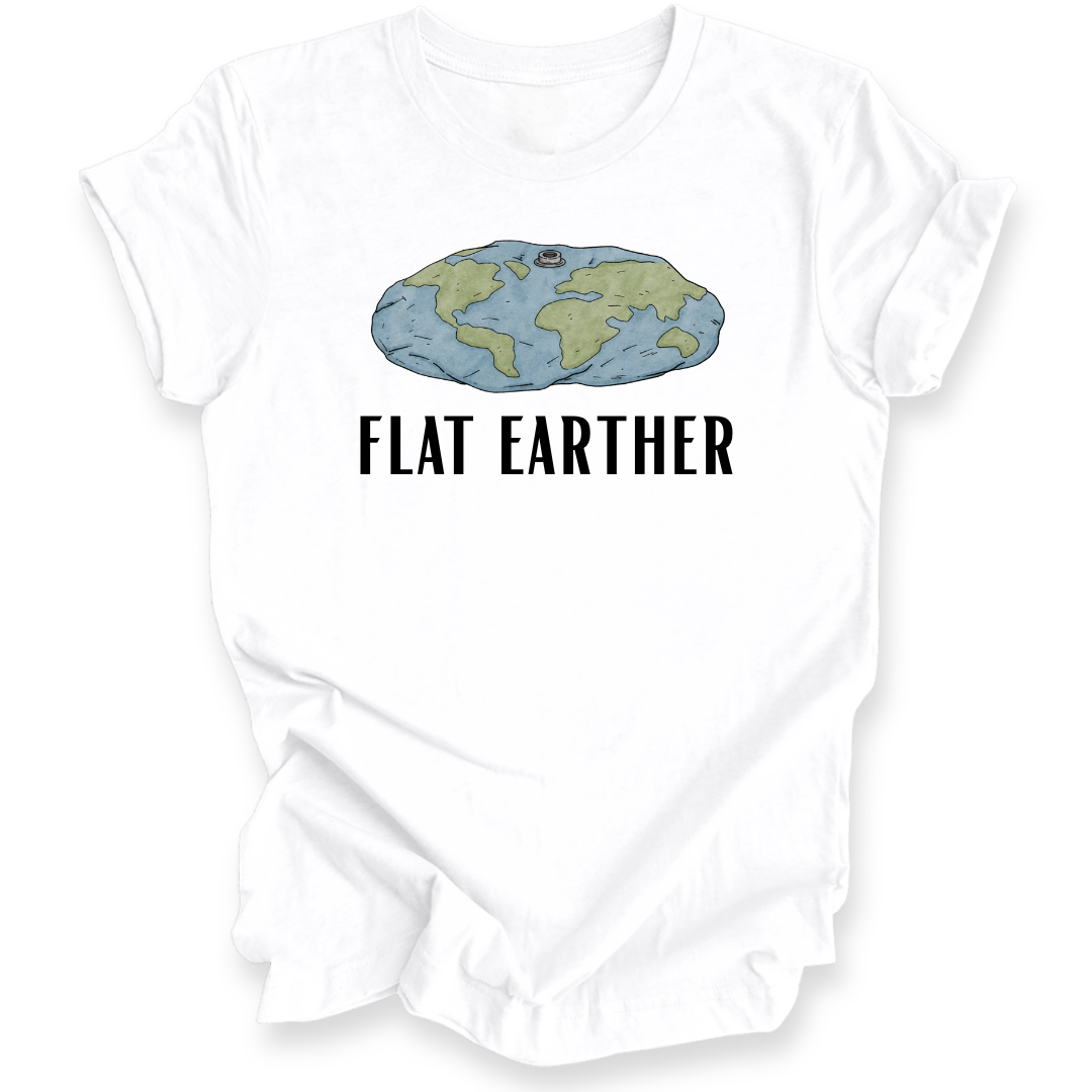 A white short-sleeve t-shirt with a graphic of a blue and green flat earth map and the text 'FLAT EARTHER' printed below it, displayed on a clean white background.
