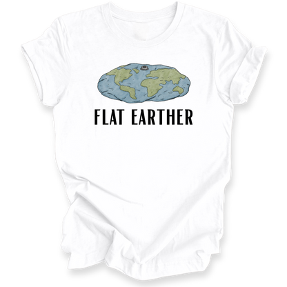 A white short-sleeve t-shirt with a graphic of a blue and green flat earth map and the text 'FLAT EARTHER' printed below it, displayed on a clean white background.