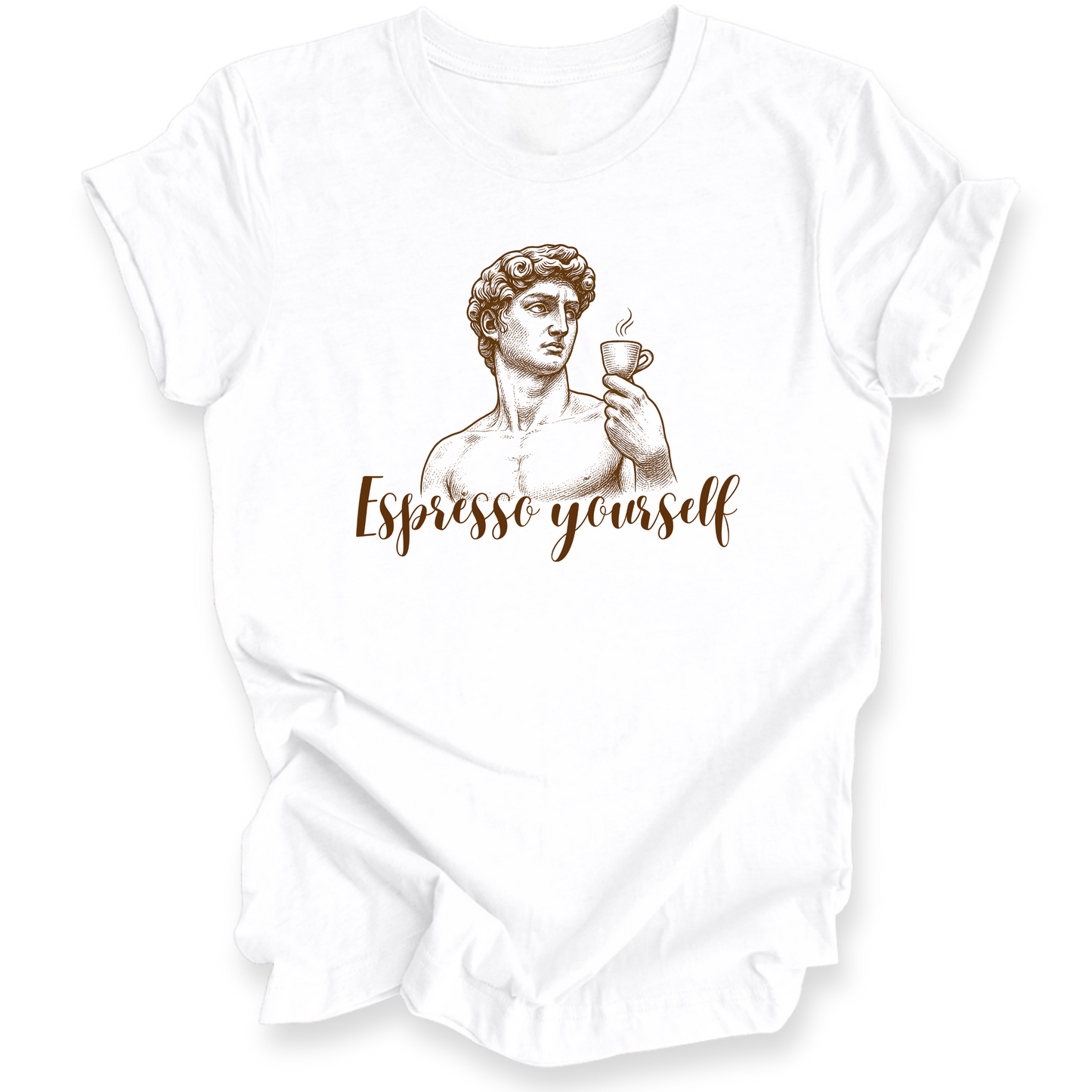 White t-shirt with a graphic of a classical statue holding a cup and the text 'Espresso yourself' on a white background.