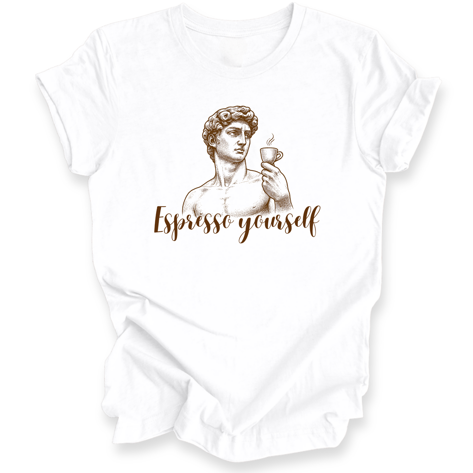 White t-shirt with a graphic of a classical statue holding a cup and the text 'Espresso yourself' on a white background.