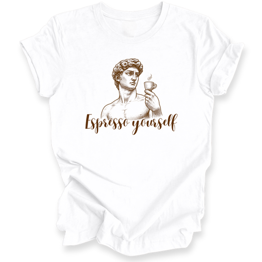 White t-shirt with a graphic of a classical statue holding a cup and the text 'Espresso yourself' on a white background.