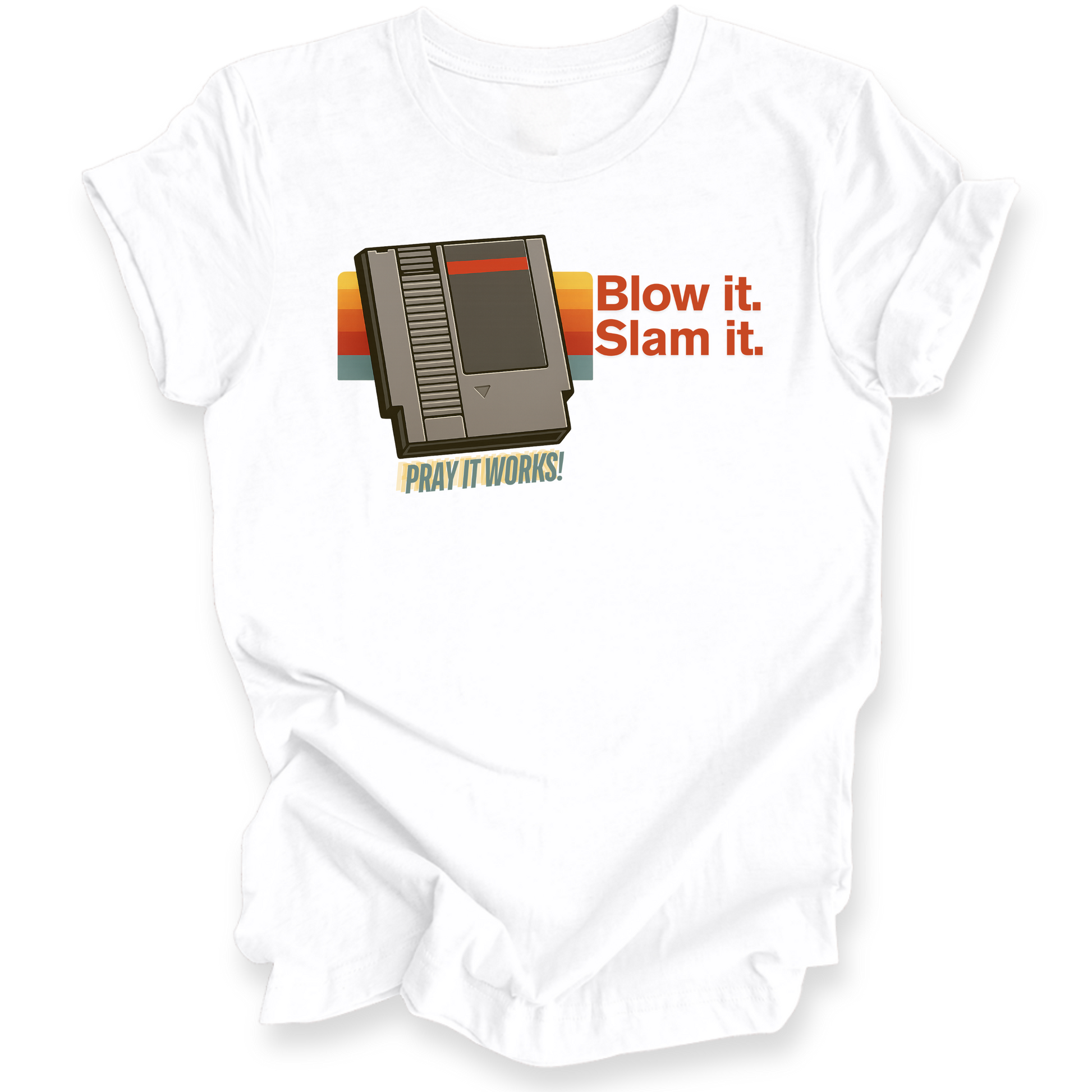 White shirt with a retro video game cartridge graphic and text on a white background