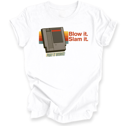 White shirt with a retro video game cartridge graphic and text on a white background