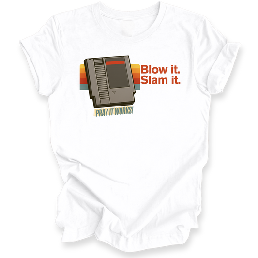 White shirt with a retro video game cartridge graphic and text on a white background