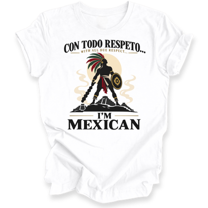 A white short-sleeve crewneck t-shirt with a graphic print of a Mexican warrior silhouette and the text 'CON TODO RESPETO.