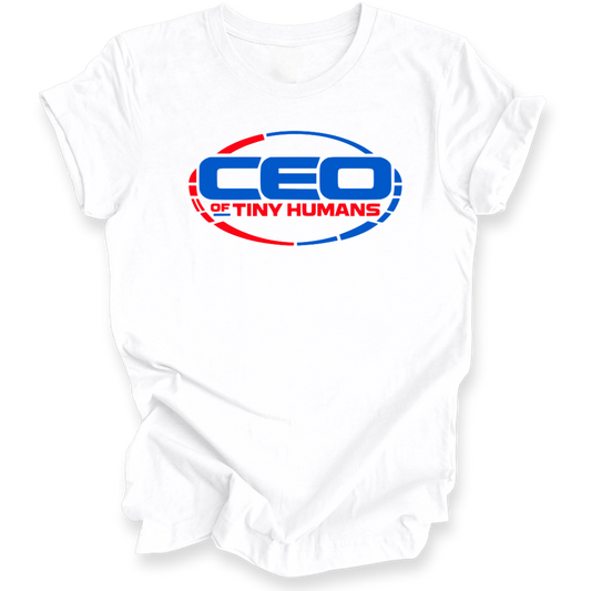 A white short-sleeve crewneck t-shirt featuring a red and blue graphic on the chest that reads 'CEO OF TINY HUMANS' inside a broken oval design.