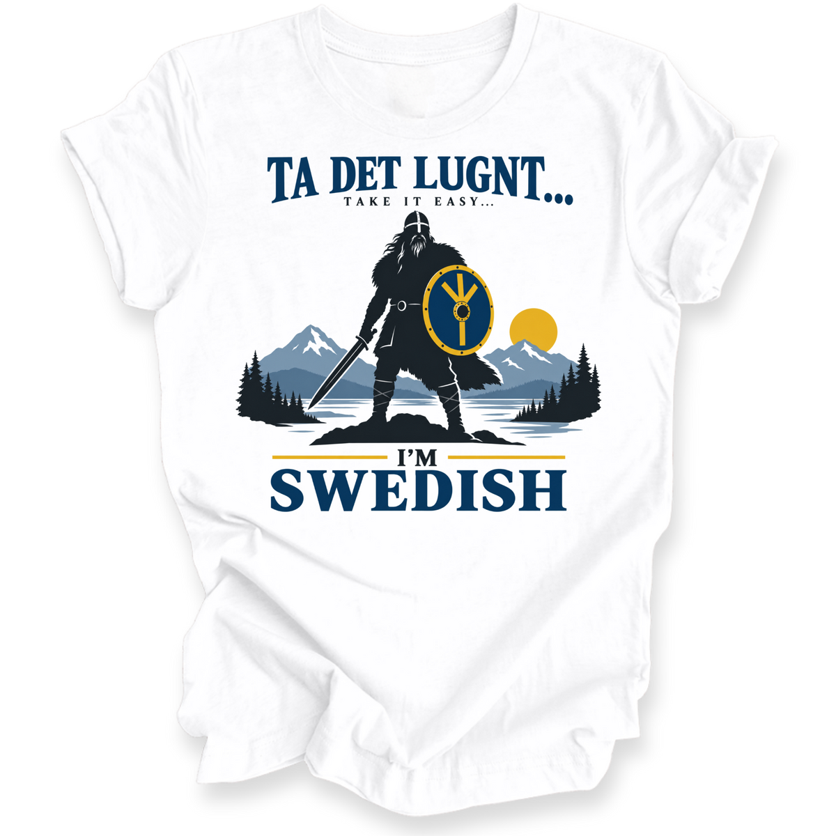 A white short-sleeve crewneck t-shirt with a graphic print of a Viking warrior, mountains, and pine trees, featuring the text 'TA DET LUGNT.