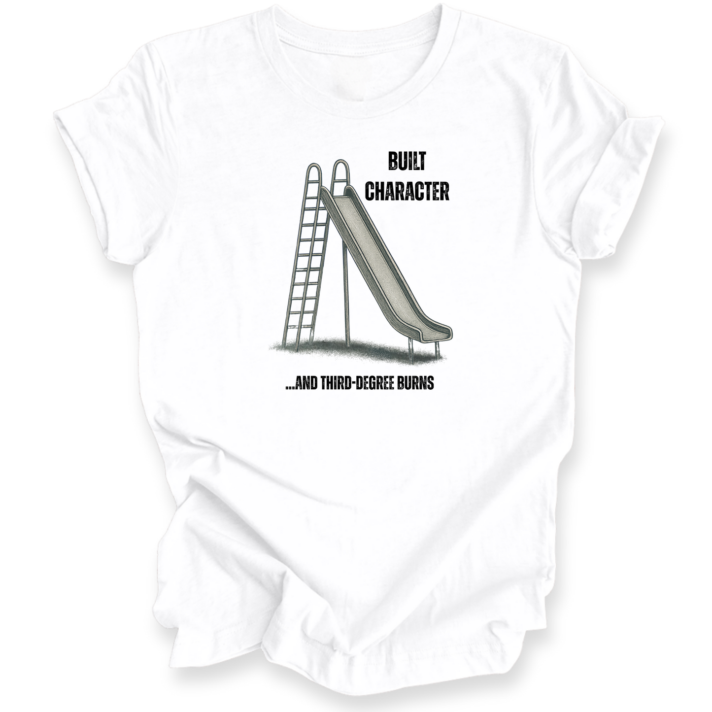 White t-shirt with a graphic of a slide and text on a white background