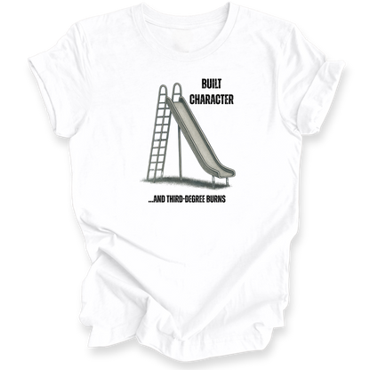 White t-shirt with a graphic of a slide and text on a white background