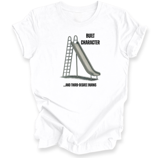 White t-shirt with a graphic of a slide and text on a white background