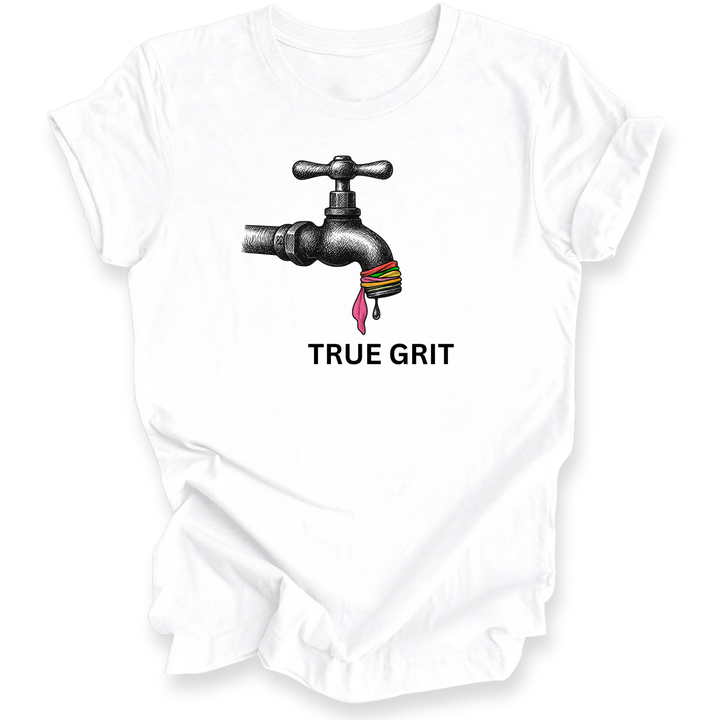 White t-shirt with a graphic of a faucet and colorful liquid, with 'True Grit' text.