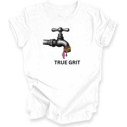 White t-shirt with a graphic of a faucet and colorful liquid, with 'True Grit' text.