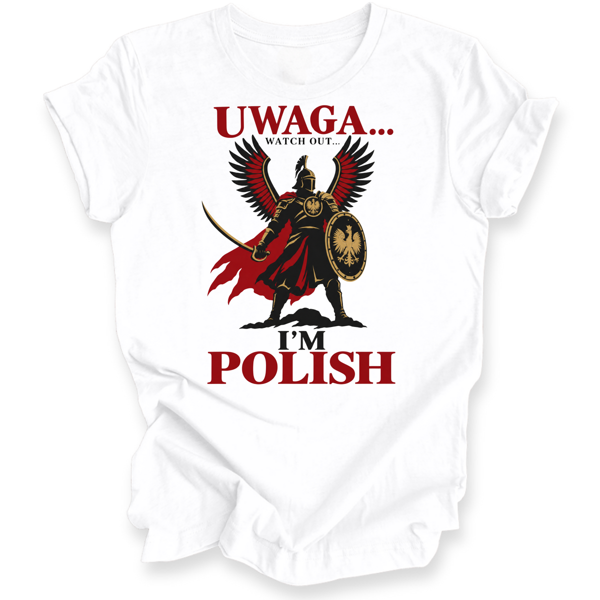 A white short-sleeve crewneck t-shirt with a graphic print of a winged Roman soldier holding a shield and sword, with the text 'UWAGA.