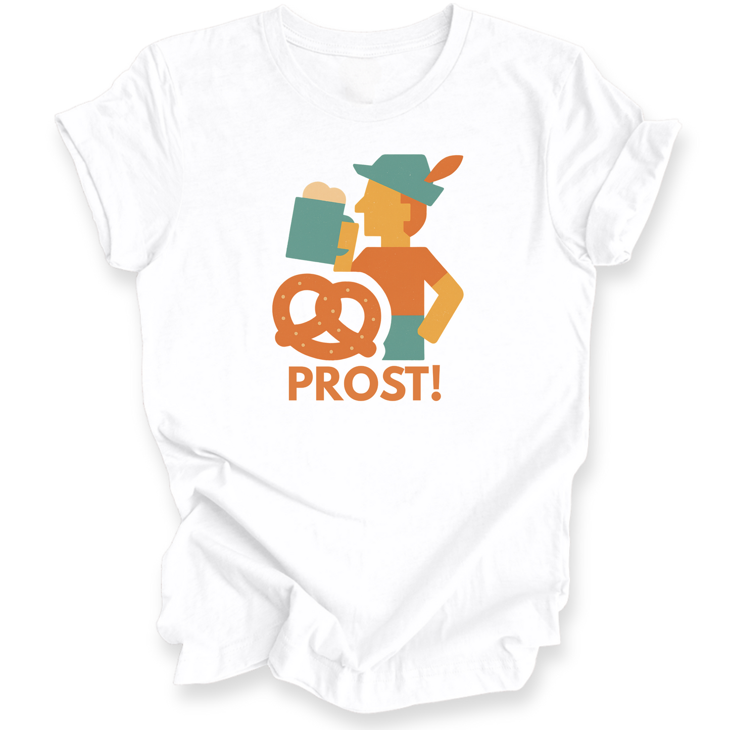 White baby romper with a graphic design of a person holding a pretzel and the word 'PROST!' on a white background.