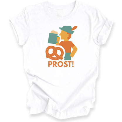 White baby romper with a graphic design of a person holding a pretzel and the word 'PROST!' on a white background.