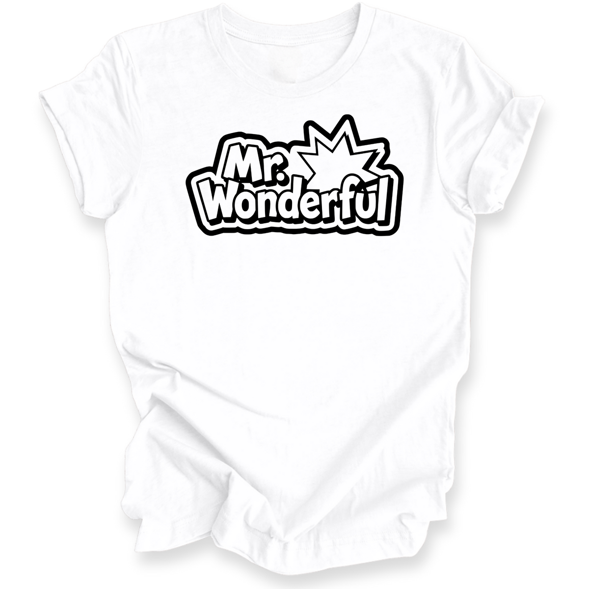 A white short-sleeve crewneck t-shirt with a black graphic print on the chest reading 'Mr. Wonderful' in a comic-style speech-bubble font with a starburst shape.