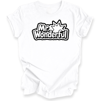 A white short-sleeve crewneck t-shirt with a black graphic print on the chest reading 'Mr. Wonderful' in a comic-style speech-bubble font with a starburst shape.